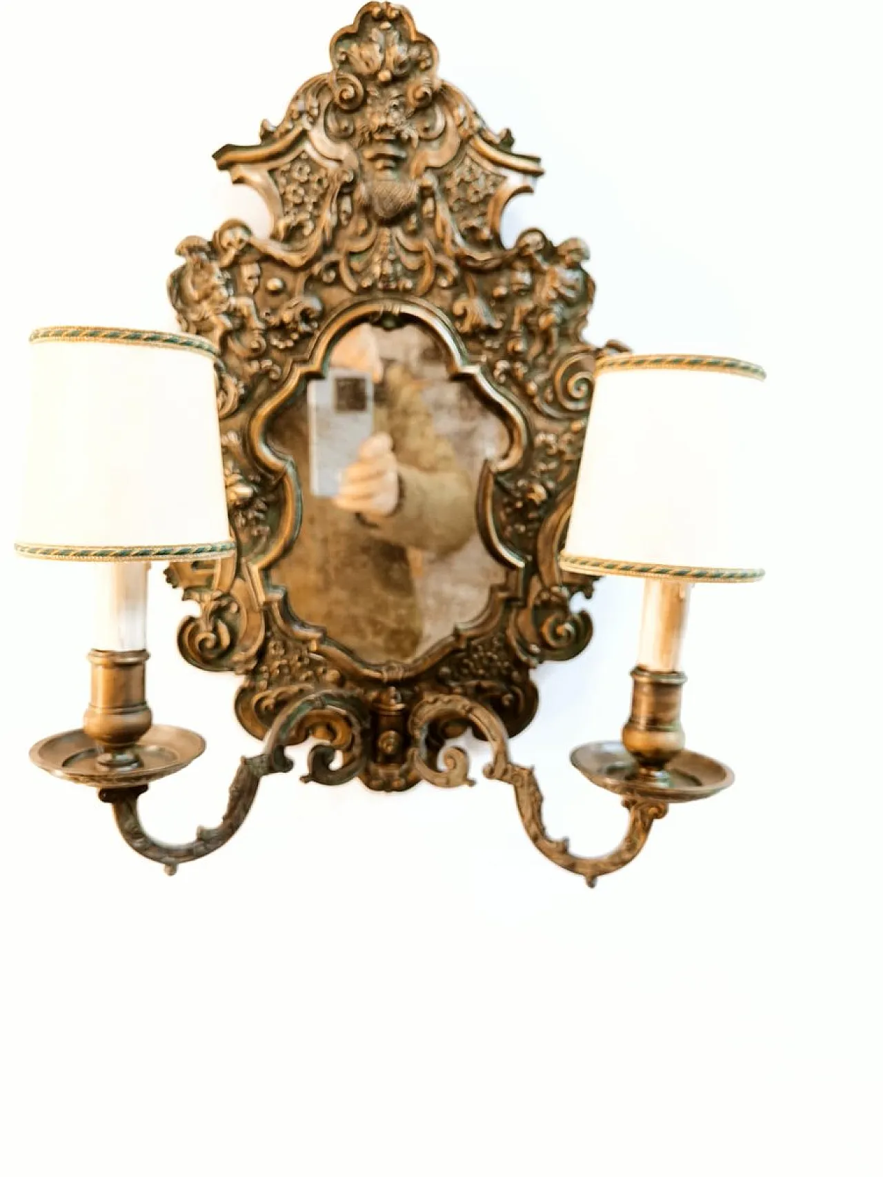 Wall sconce with central mirror and parchment lampshades, 1940s 16