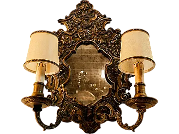 Wall sconce with central mirror and parchment lampshades, 1940s