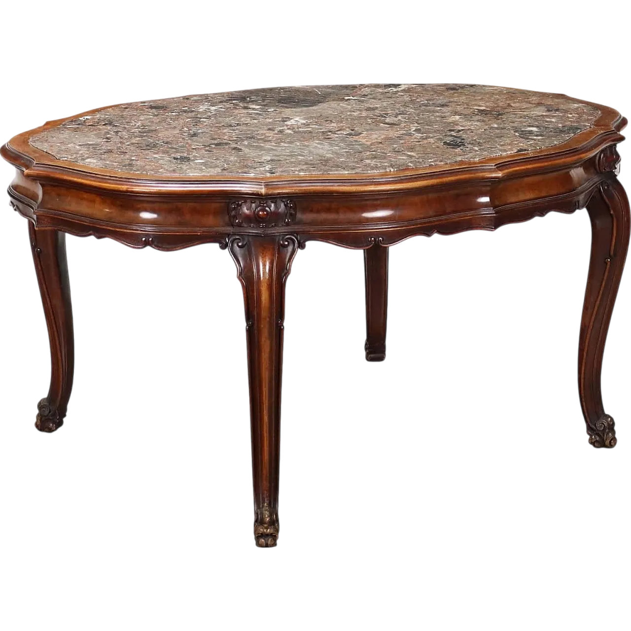 Baroque-style walnut table with marble top, 20th century 9