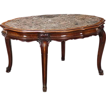 Baroque-style walnut table with marble top, 20th century