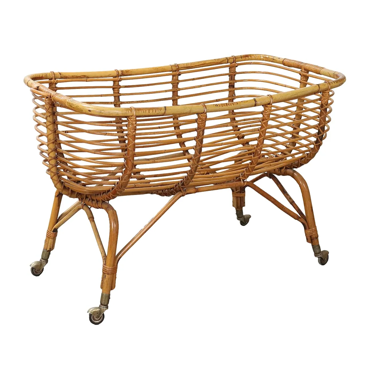 Bamboo cradle with brass wheels, 1960s 1