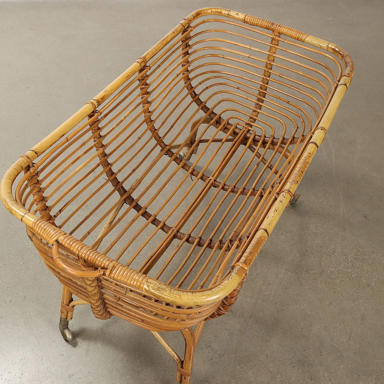 Bamboo cradle with brass wheels, 1960s 3