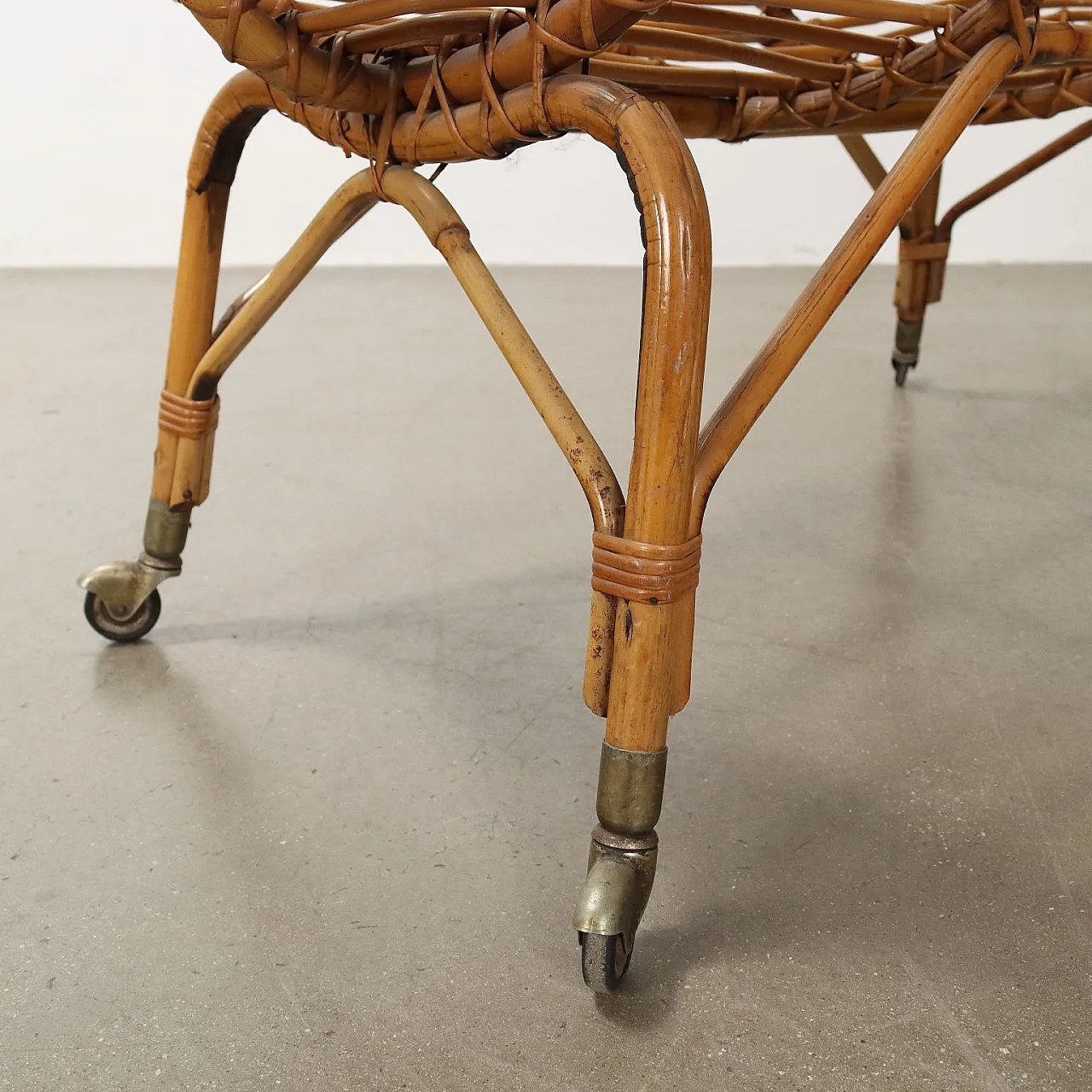 Bamboo cradle with brass wheels, 1960s 6