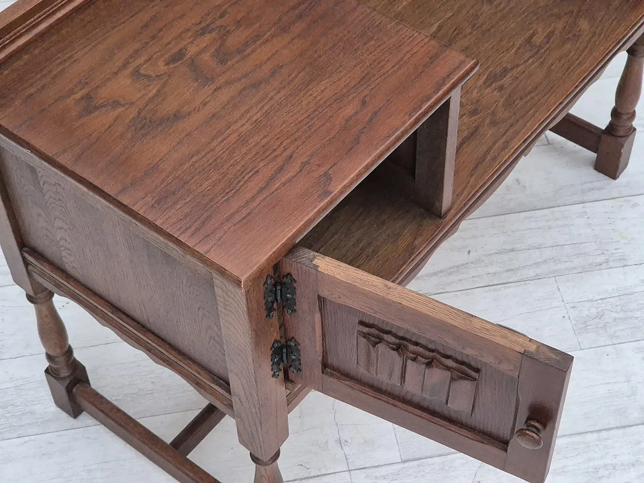 1960s, Danish side bench, dark solid oak wood, plywood. 5