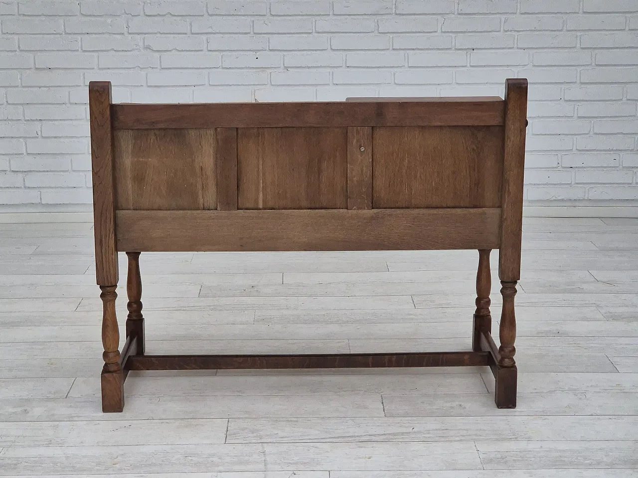 1960s, Danish side bench, dark solid oak wood, plywood. 9