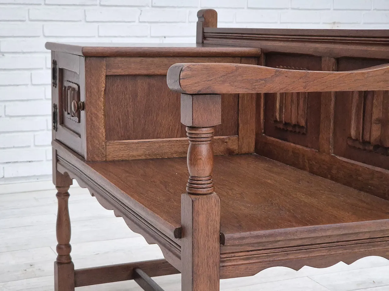 1960s, Danish side bench, dark solid oak wood, plywood. 11