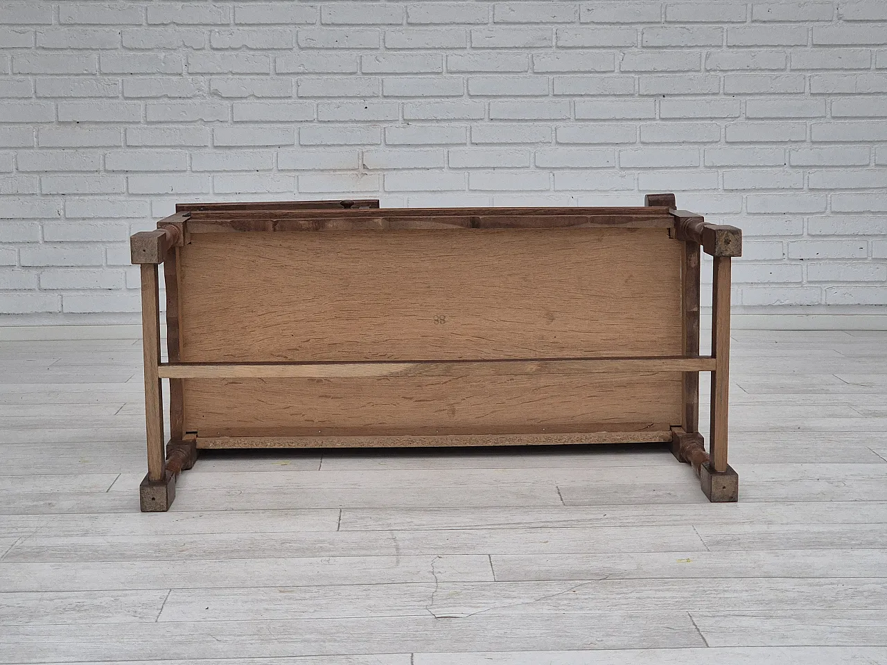 1960s, Danish side bench, dark solid oak wood, plywood. 13