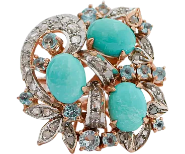 Gold and silver ring with topazes, turquoises, diamonds, 1960s