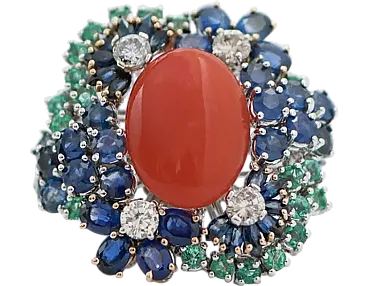 Gold ring with coral, emeralds, diamonds and sapphires, 1960s