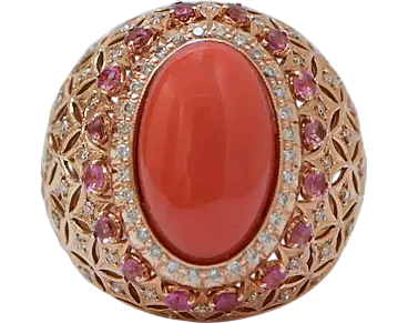 Ring with coral, tourmaline, diamonds, 14K pink gold, 1950s