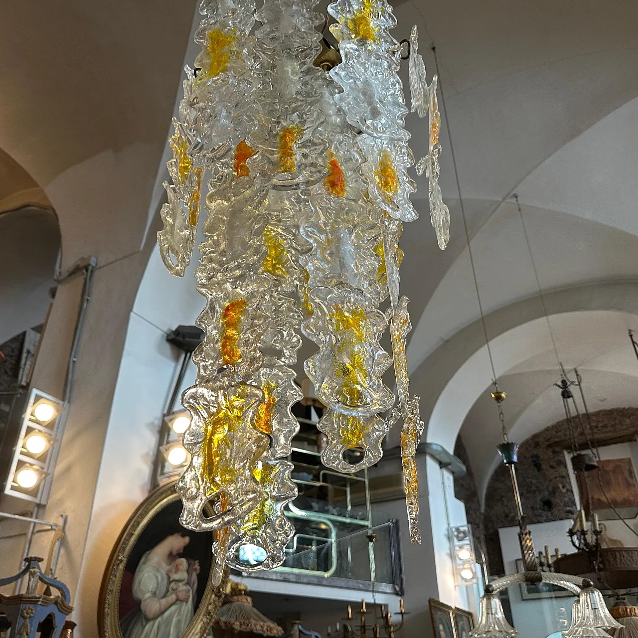 White and amber Murano glass chandelier by Mazzega, 1970s 13