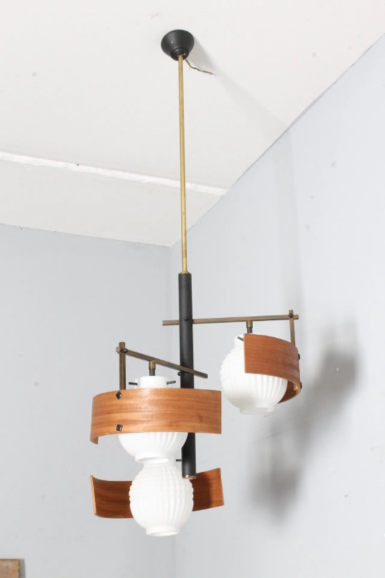 Swedish three-light teak and opaline glass chandelier, 1950s 1