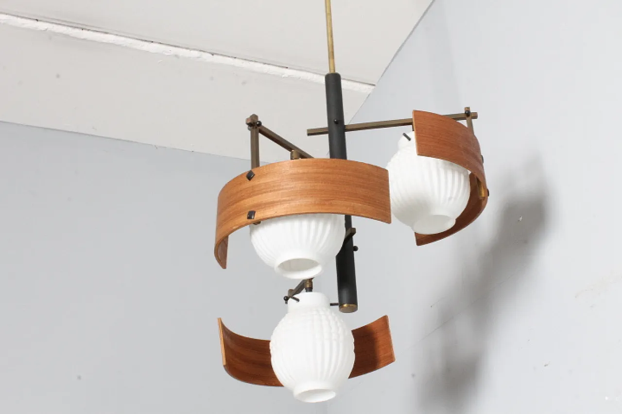 Swedish three-light teak and opaline glass chandelier, 1950s 3