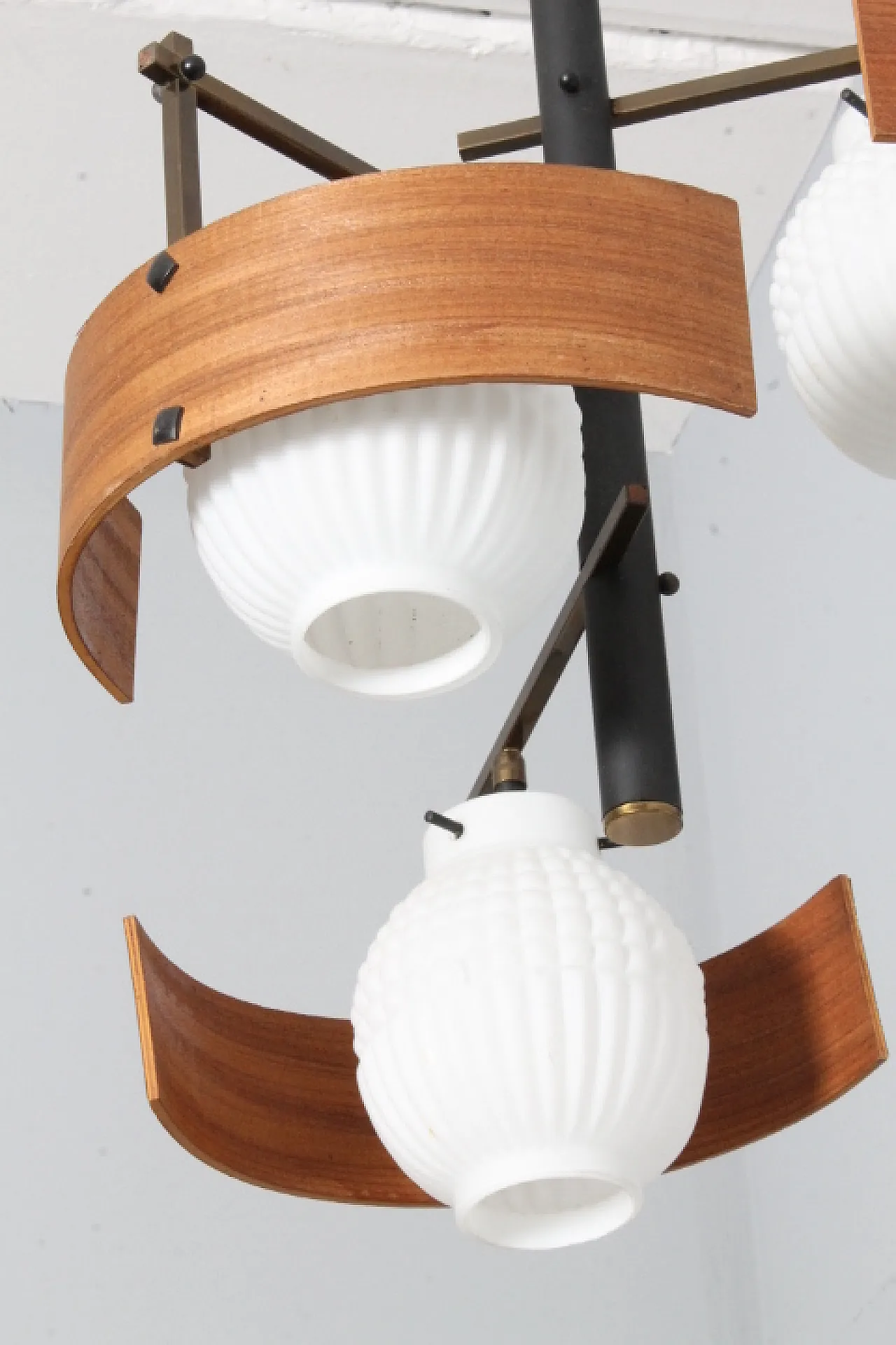 Swedish three-light teak and opaline glass chandelier, 1950s 4