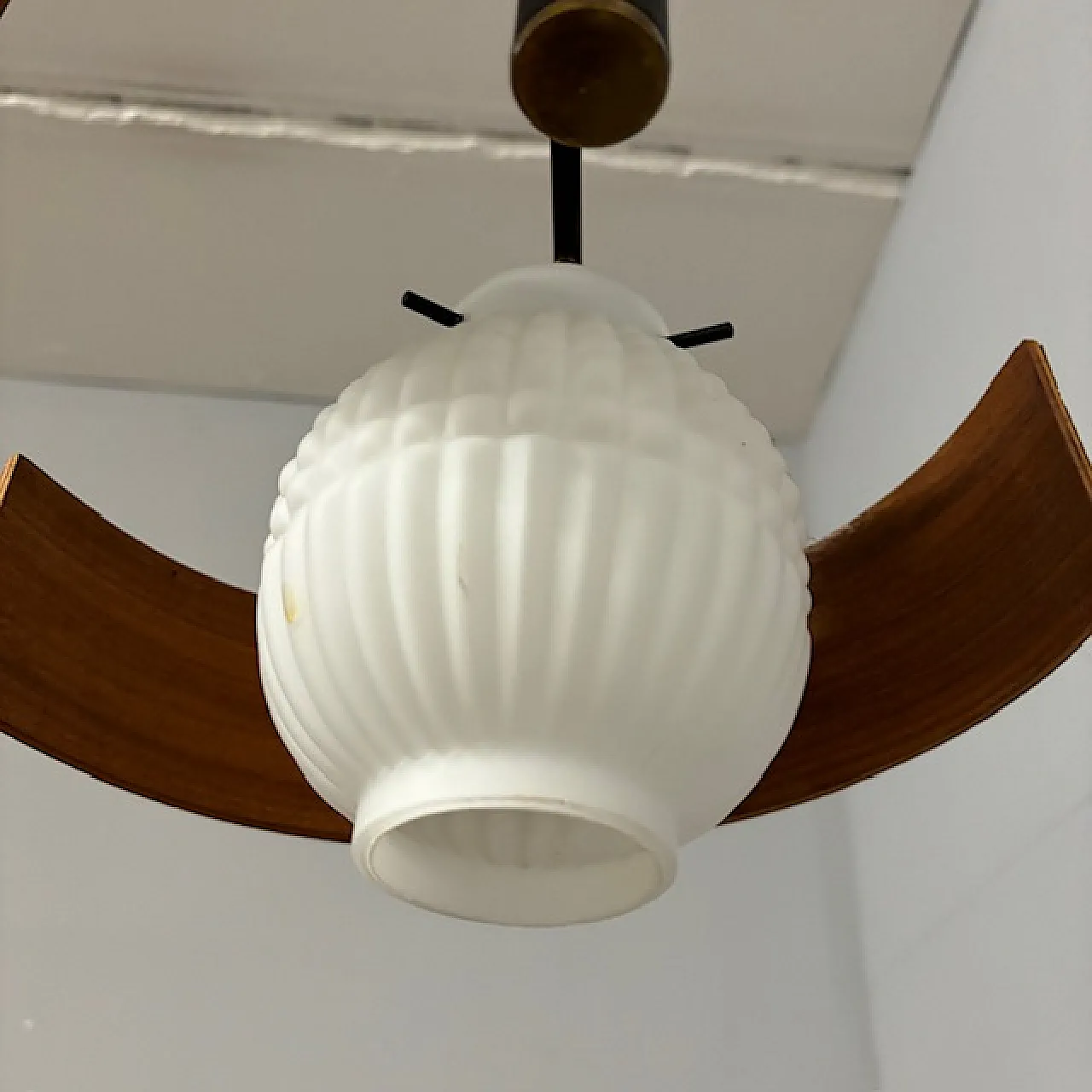 Swedish three-light teak and opaline glass chandelier, 1950s 6