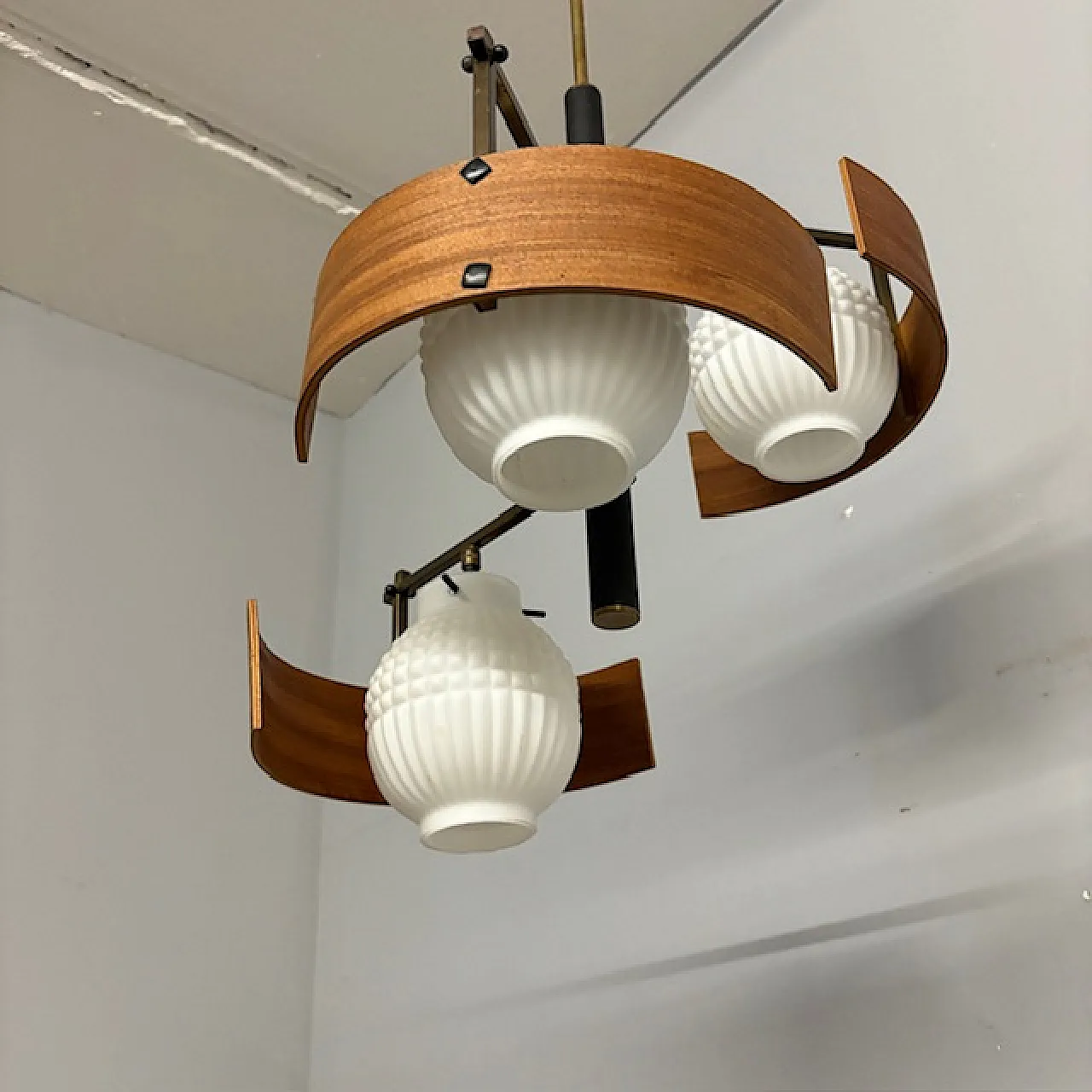 Swedish three-light teak and opaline glass chandelier, 1950s 9