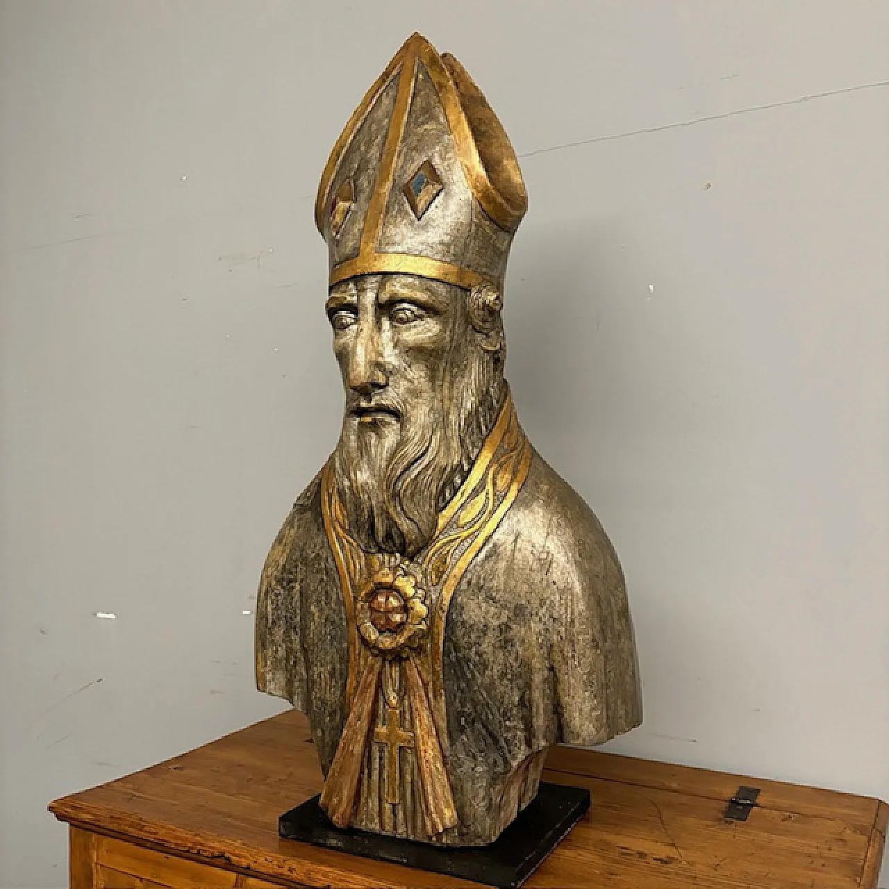 Grande busto scultura San Nicola argento e doratura a mecca,  '600 1