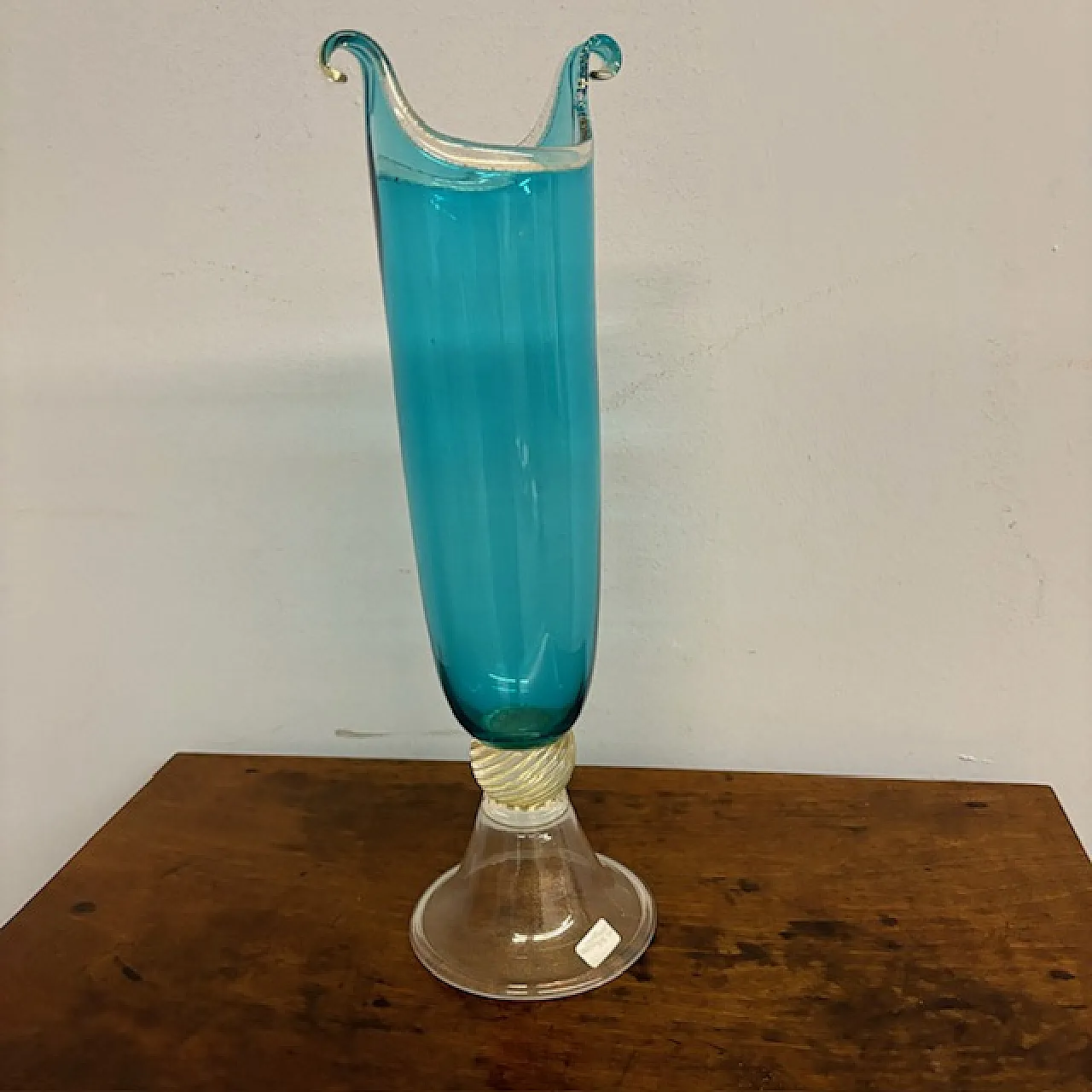 Turquoise and gold Murano glass vase. engraved signed Murrina, '900 1