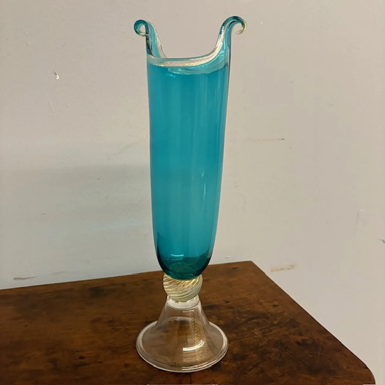 Turquoise and gold Murano glass vase. engraved signed Murrina, '900 8