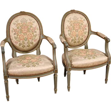 Pair of Louis XVI style armchairs in light color fabric, 20th century