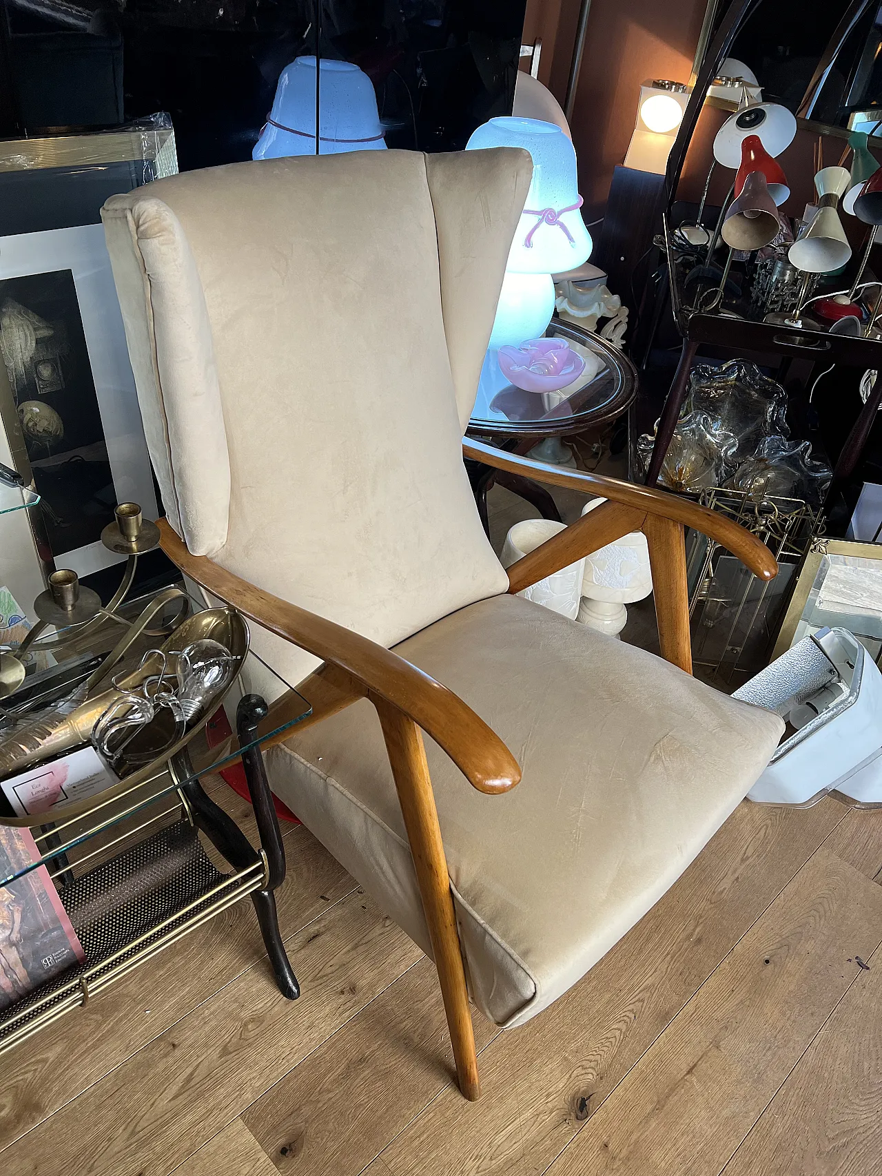 Modernist Bergere armchair in beige velvet, 1950s 10