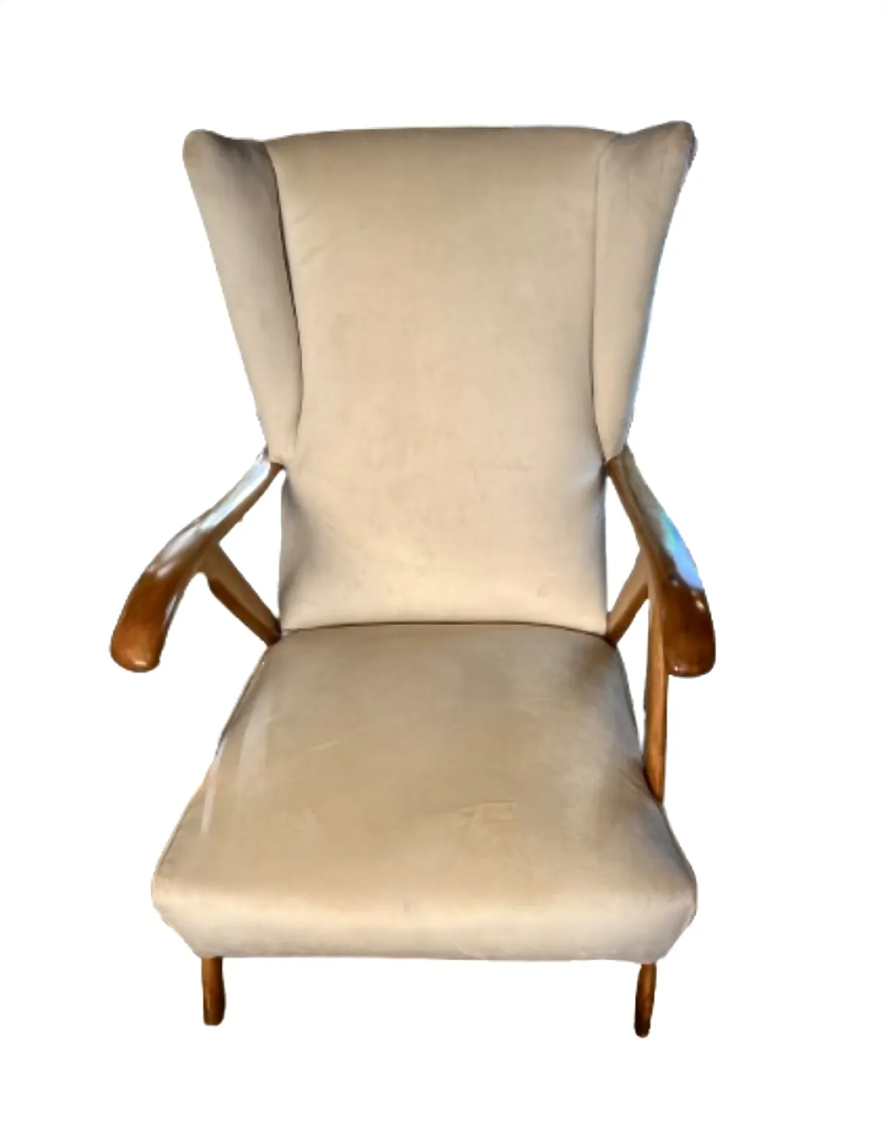 Modernist Bergere armchair in beige velvet, 1950s 11