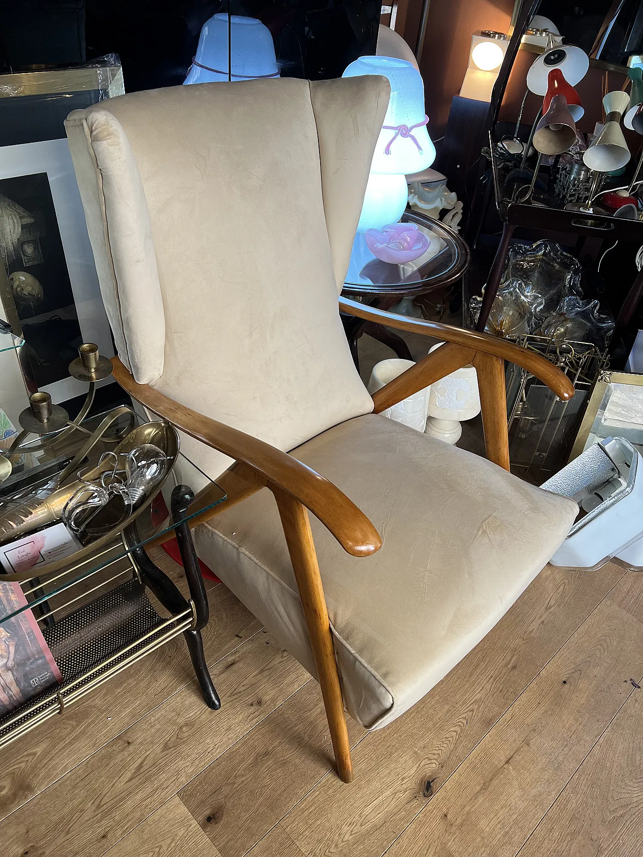 Modernist Bergere armchair in beige velvet, 1950s 12