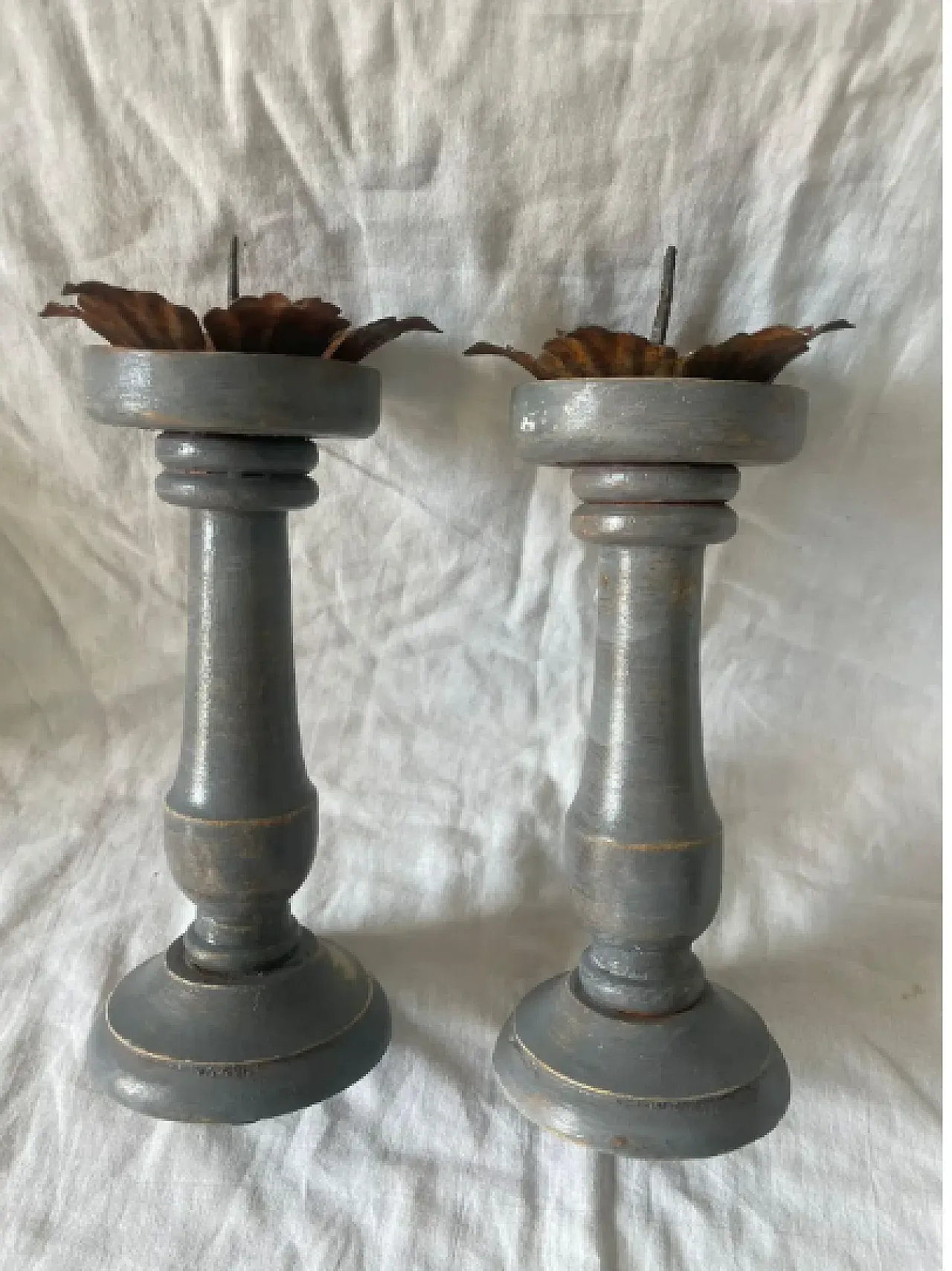 Pair of hand-made lacquered wooden candelabra, 1950s 3