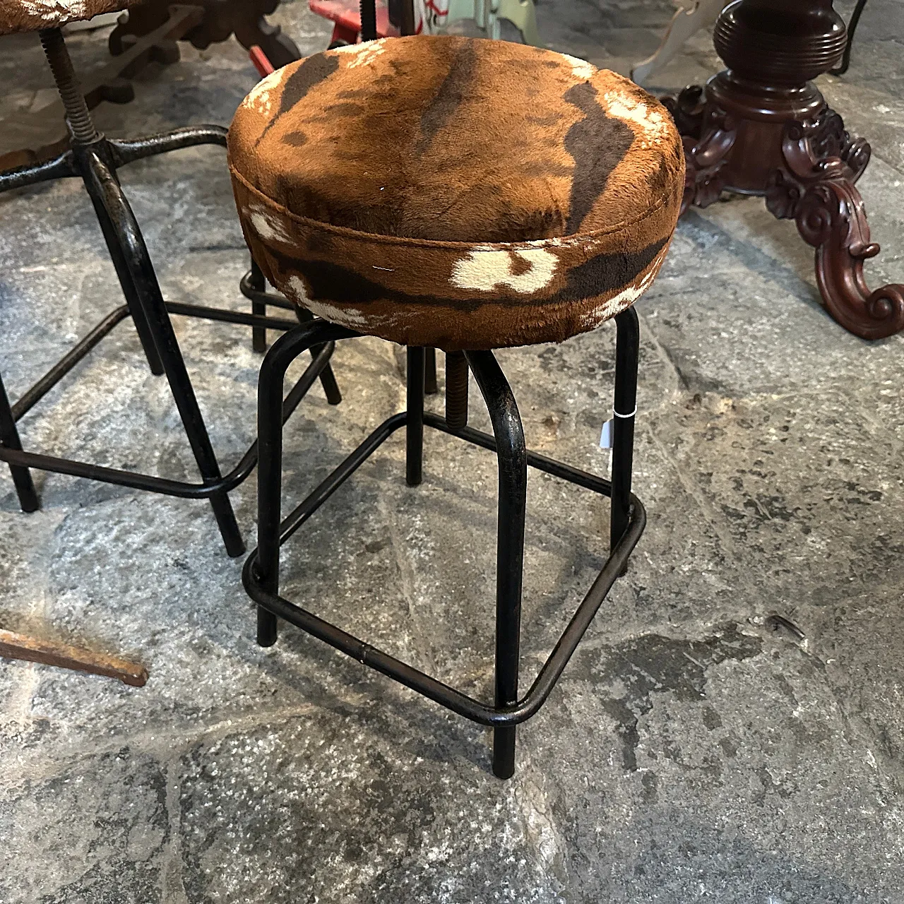 3 Adjustable iron and fabric footstools, 1950s 2