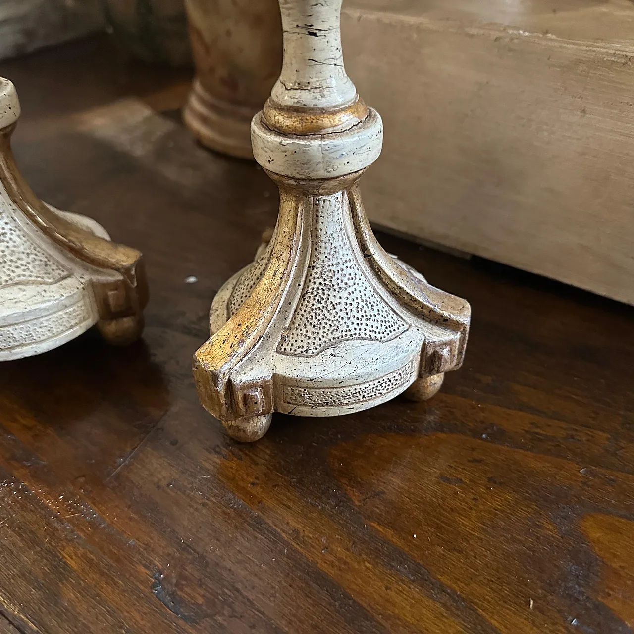 Pair of Louis XVI candlesticks in lacquered wood, 18th century 2