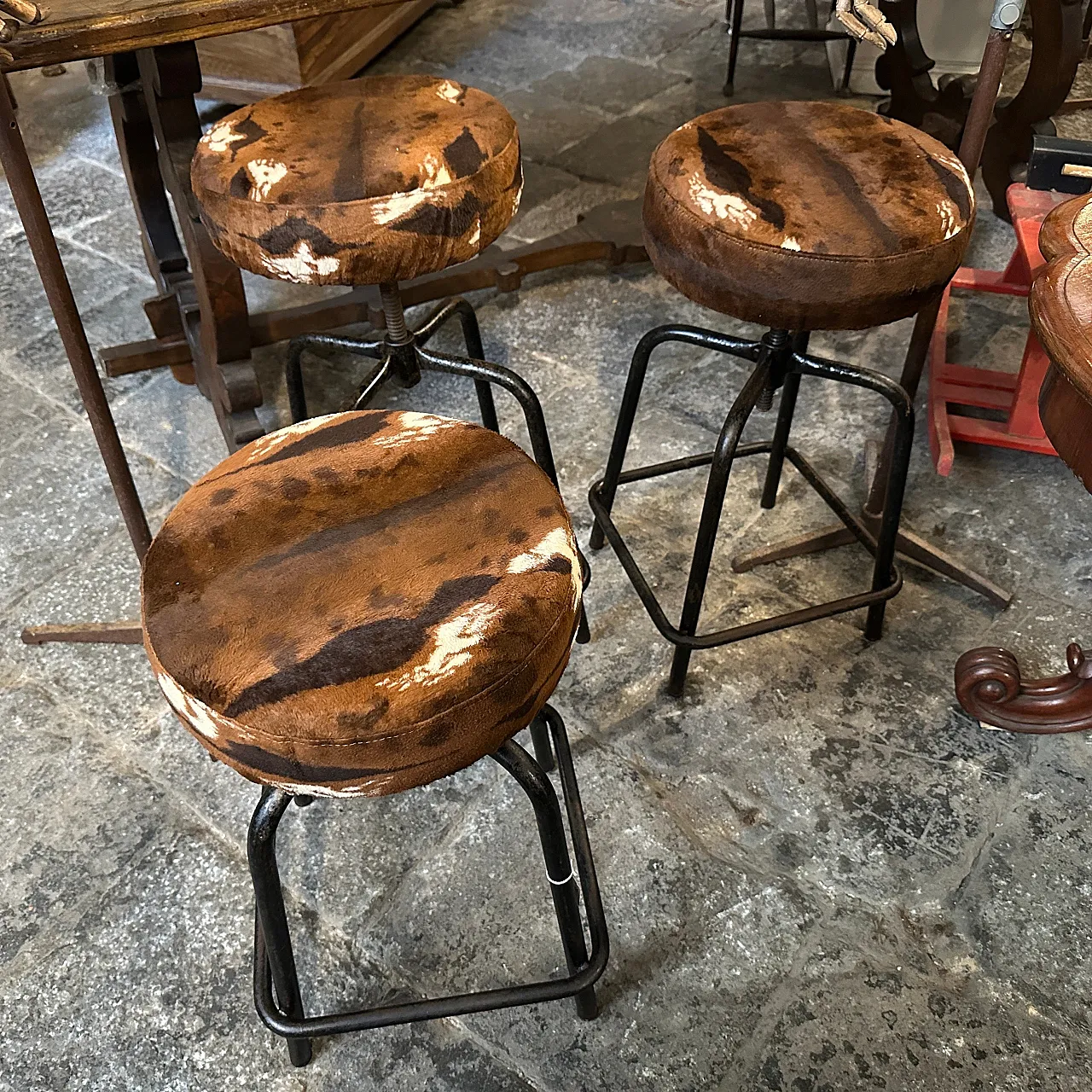 3 Adjustable iron and fabric footstools, 1950s 3