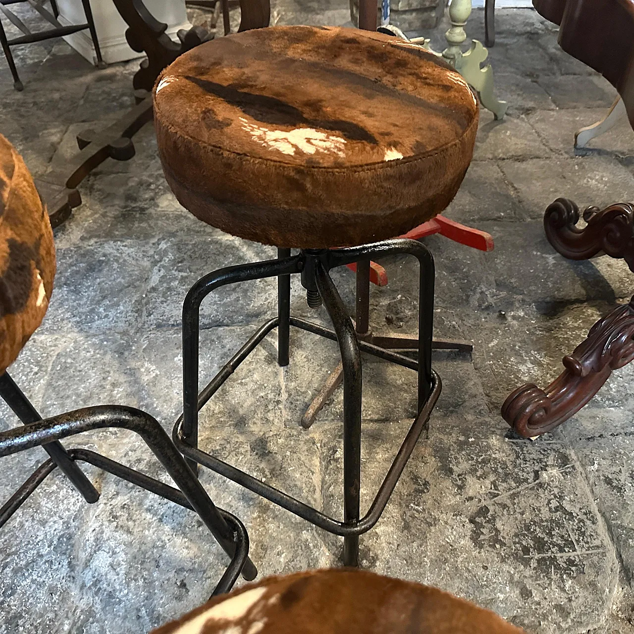 3 Adjustable iron and fabric footstools, 1950s 6