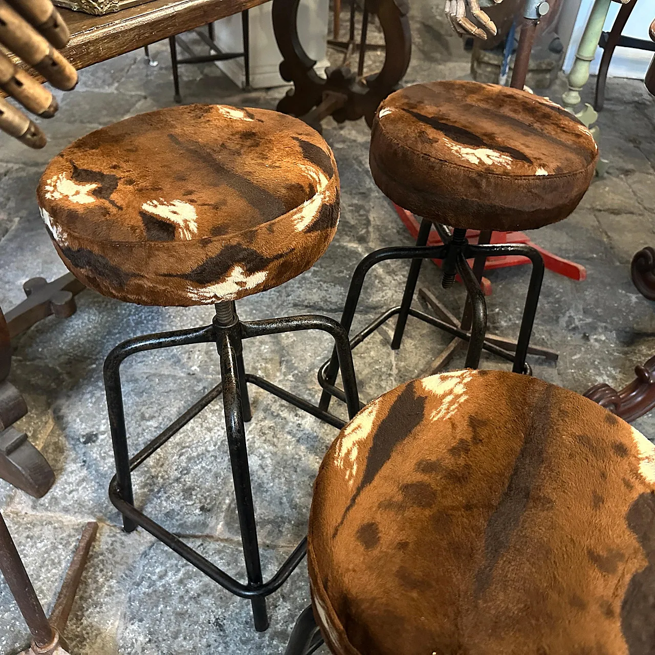 3 Adjustable iron and fabric footstools, 1950s 8