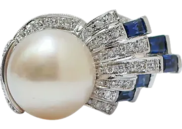 Platinum ring with white pearl, sapphires and diamonds, 1970s