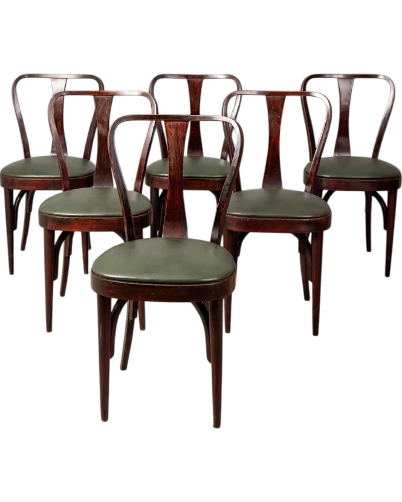 6 Dining chairs in wood and green leather, 1940s 12