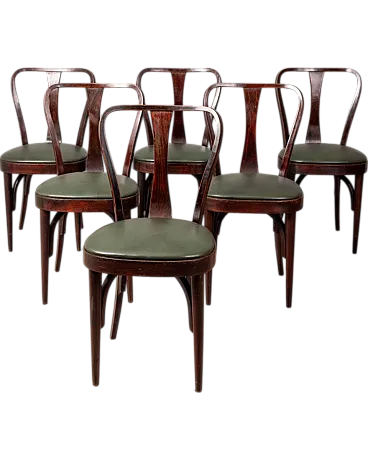 6 Dining chairs in wood and green leather, 1940s