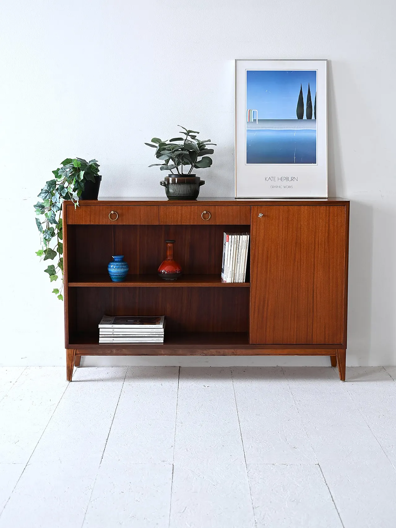 Mahogany bookcase with storage compartment, 60s 1