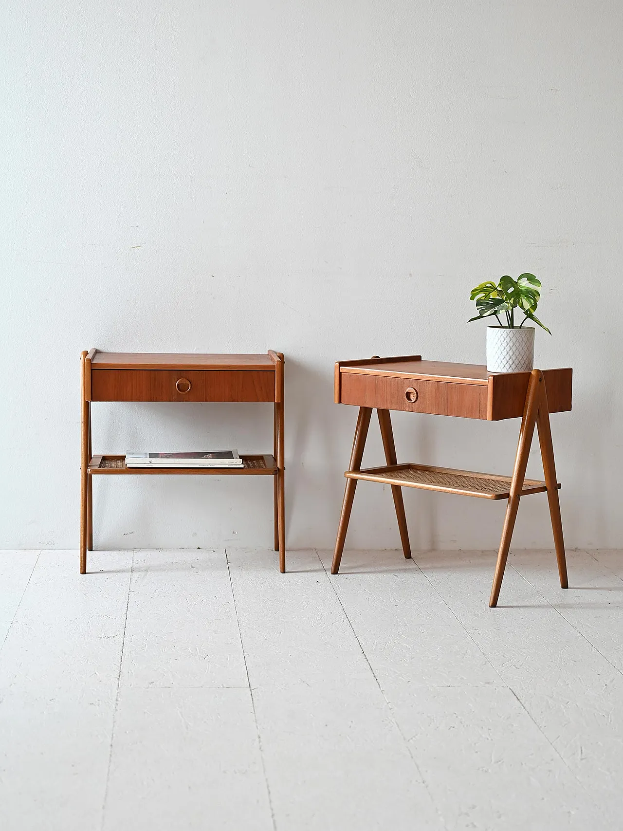 Pair of Scandinavian teak and rattan bedside tables, 1970s 1