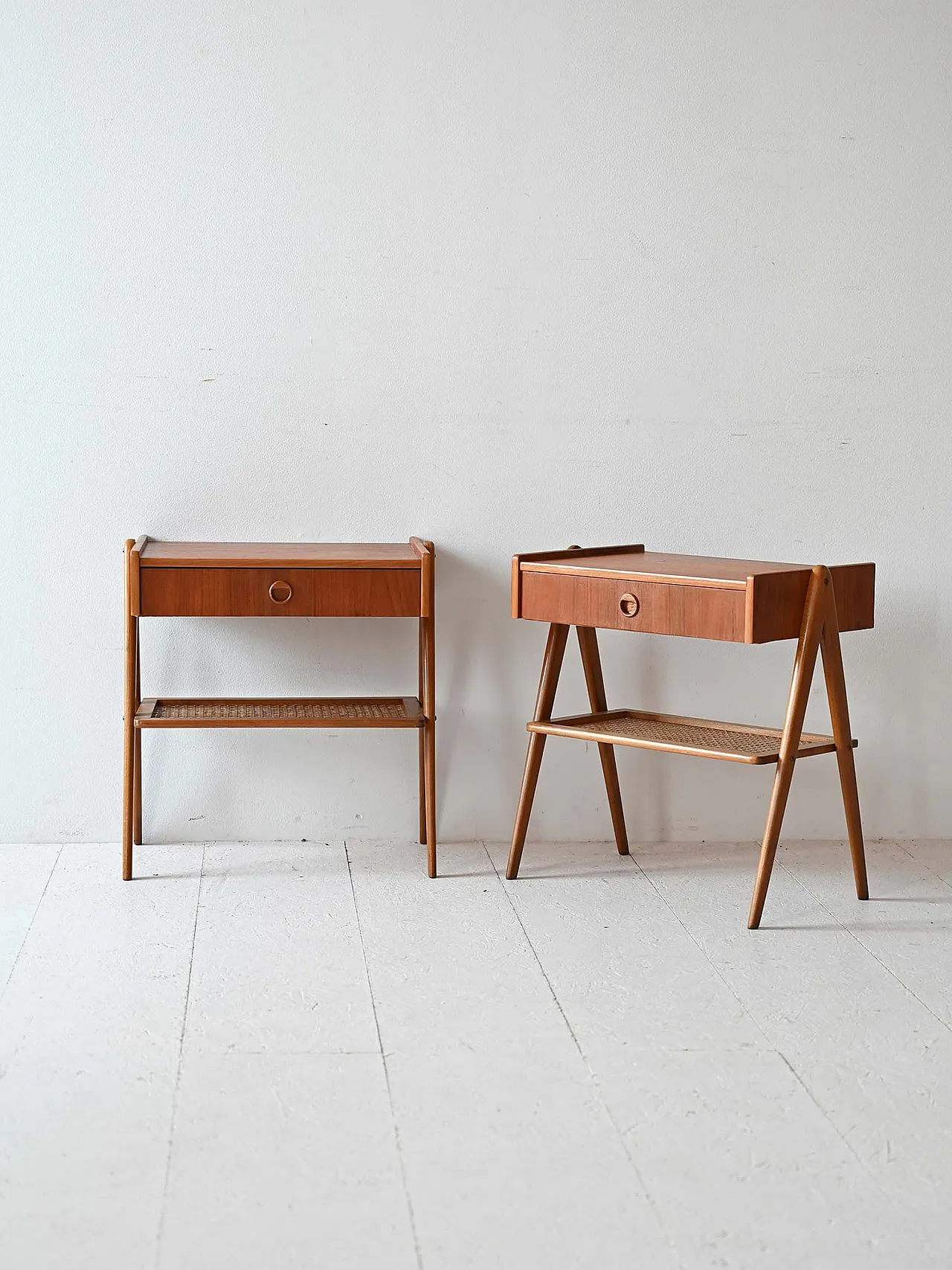 Pair of Scandinavian teak and rattan bedside tables, 1970s 2