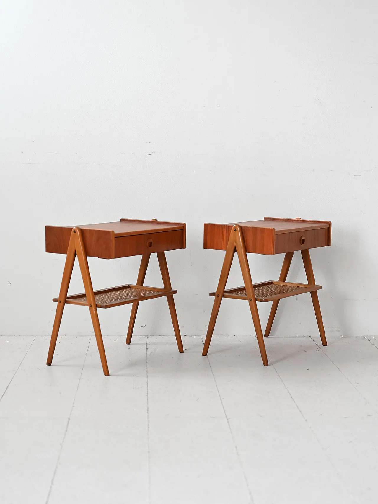 Pair of Scandinavian teak and rattan bedside tables, 1970s 3