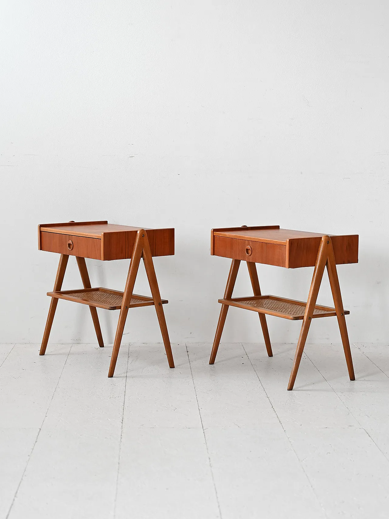 Pair of Scandinavian teak and rattan bedside tables, 1970s 4