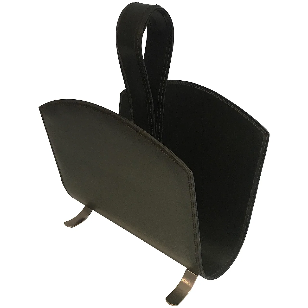 Leather magazine rack on a brushed steel base, 1950s 1