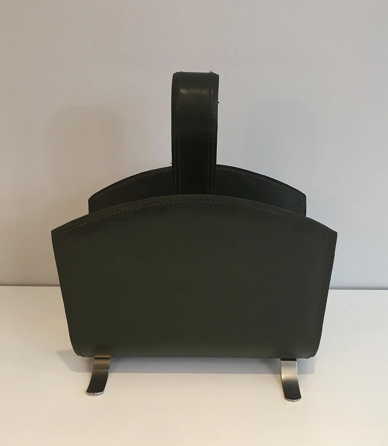 Leather magazine rack on a brushed steel base, 1950s 2