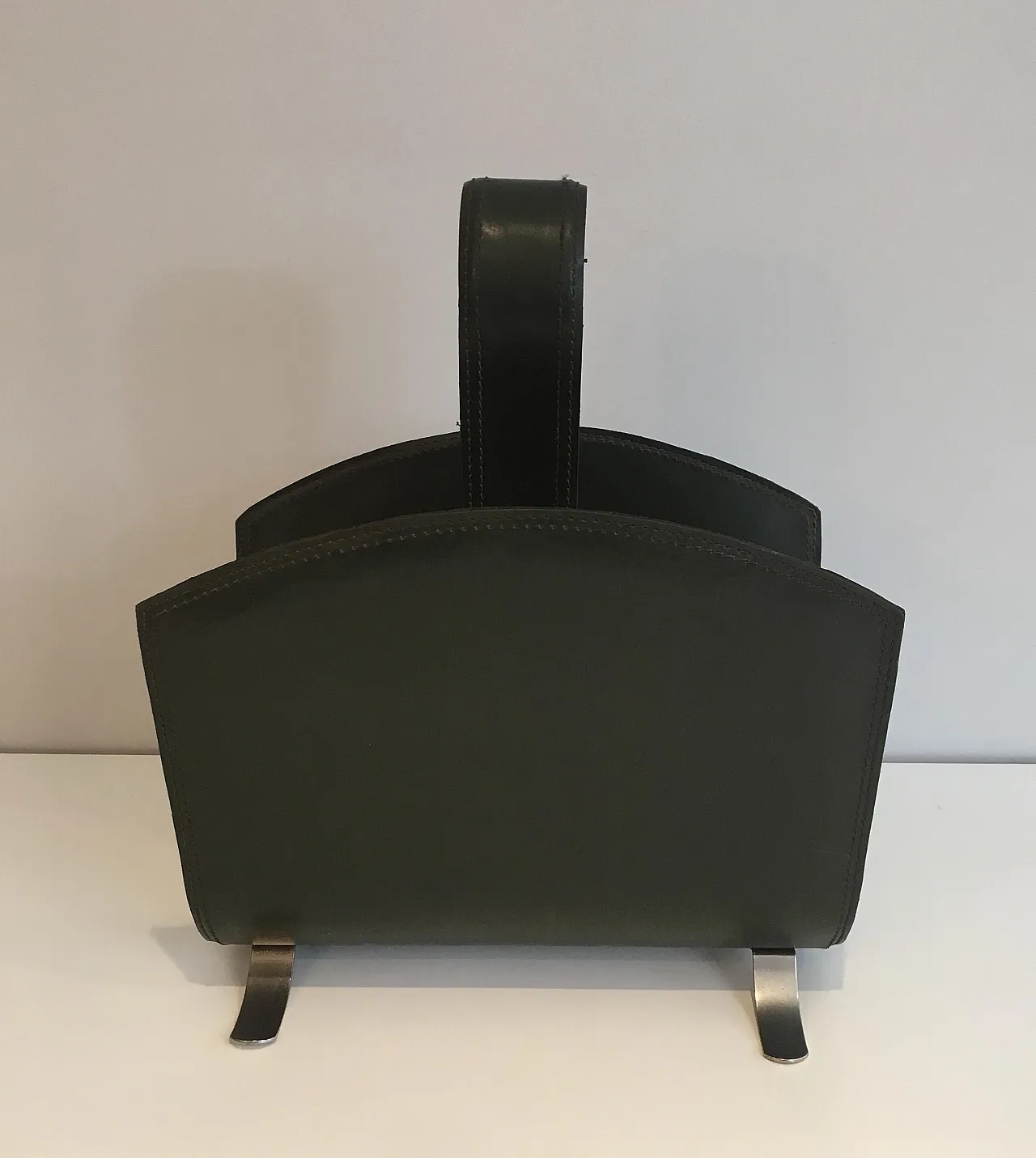 Leather magazine rack on a brushed steel base, 1950s 11