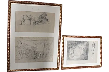 Pair of two paintings with ancient 19th century pencil drawings signed. Size 60