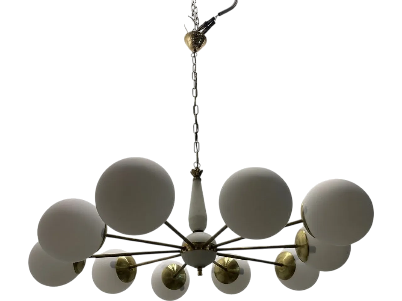 Sputnik 10-Light Chandelier in Opaline Glass and Brass, 1960s 13