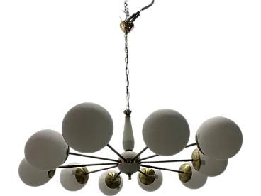 Sputnik 10-Light Chandelier in Opaline Glass and Brass, 1960s