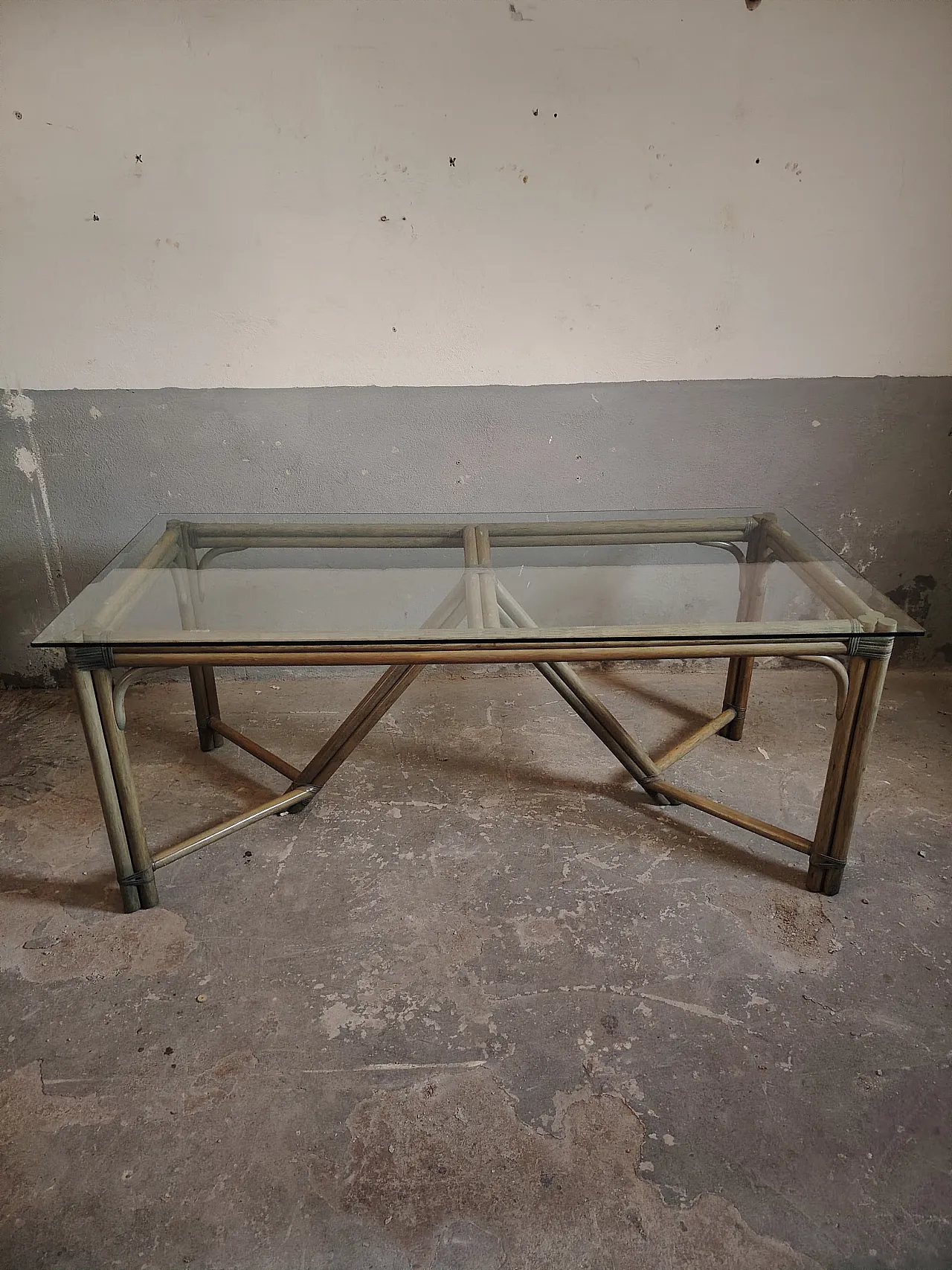 Bamboo and glass dining table, 70s 1