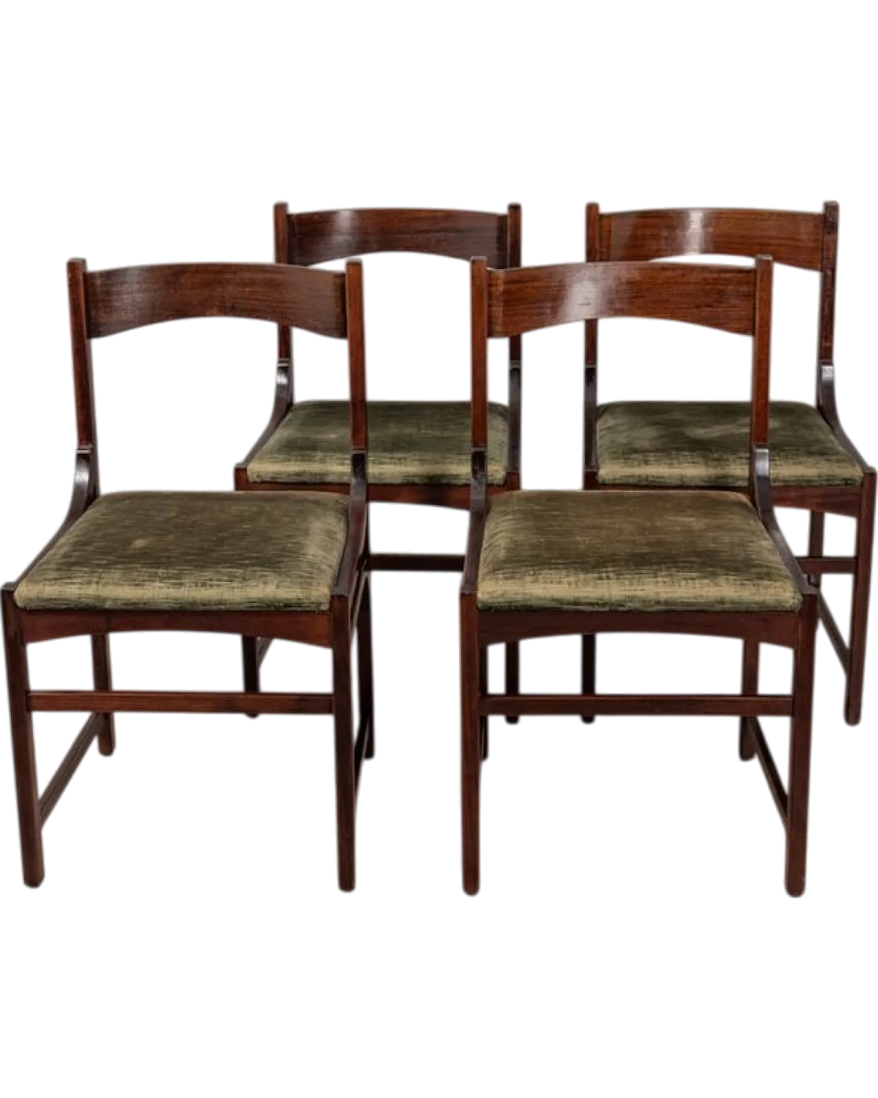 4 Chairs in wood and green velvet, 1960s 8