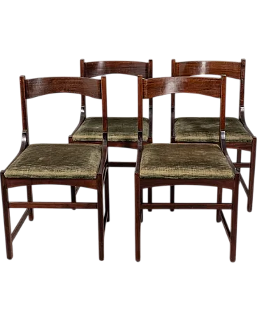 4 Chairs in wood and green velvet, 1960s